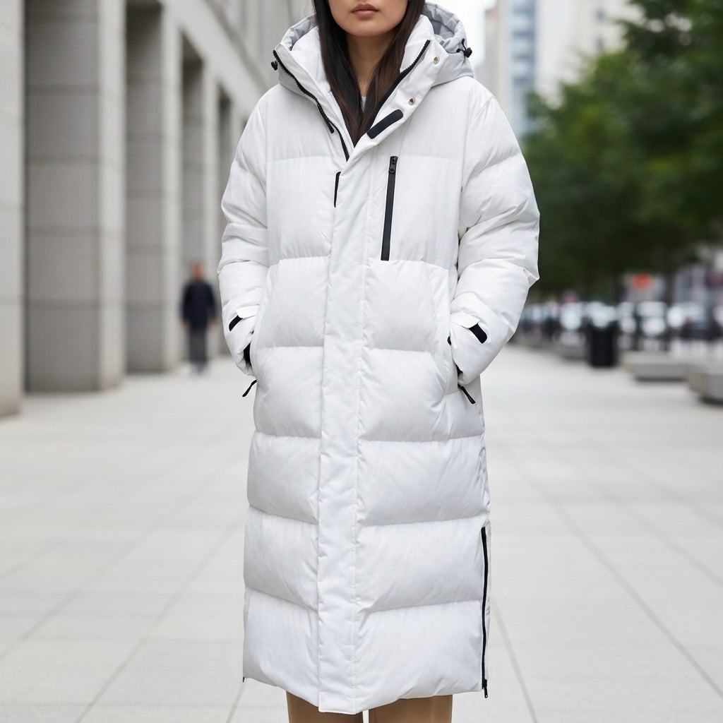 Women's black quilted puffer parka featuring a waterproof hood