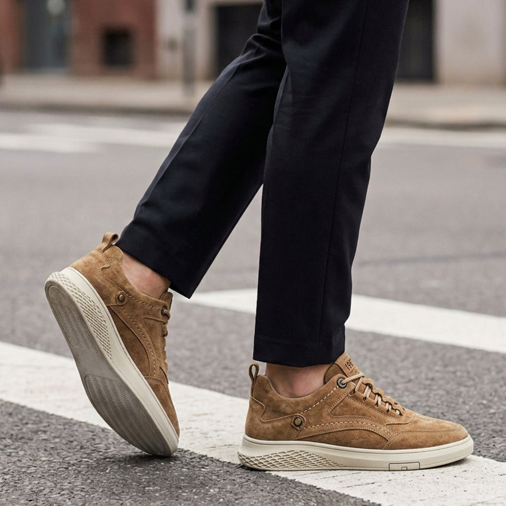 Brown men's retro suede trainers with a lace-up front and cushioned sole