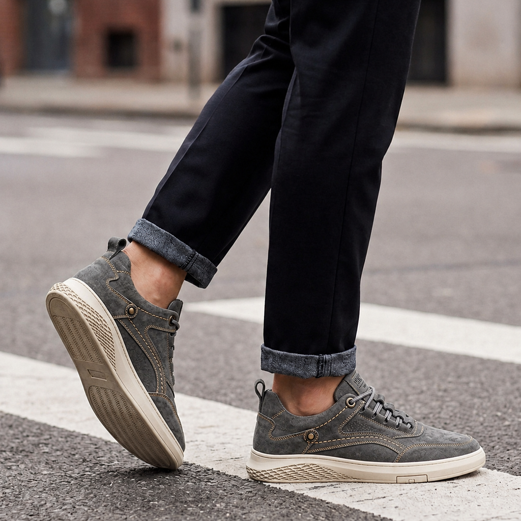 Brown men's retro suede trainers with a lace-up front and cushioned sole