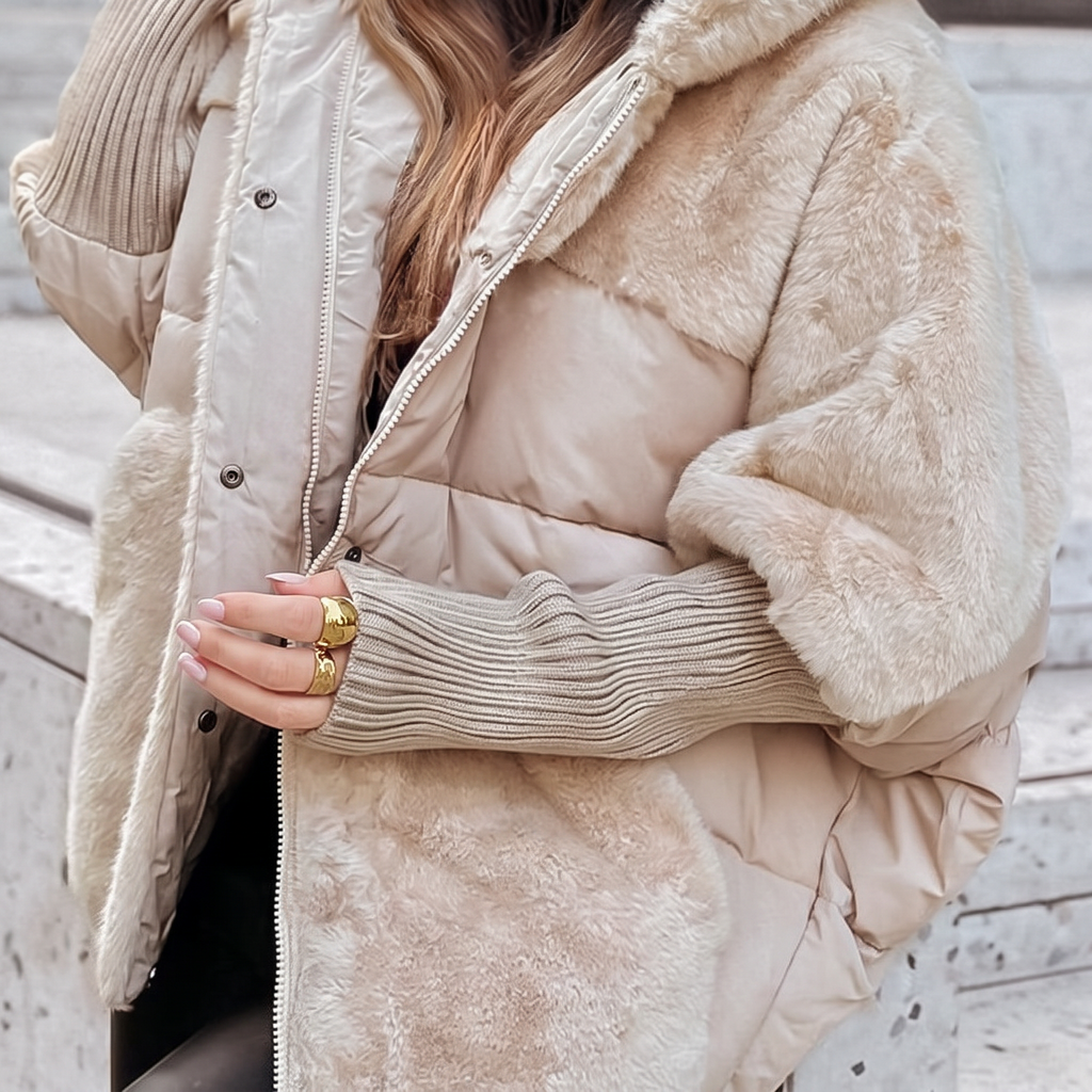 Women's Beige Plush Faux Fur Hooded Coat for Autumn Layering