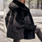 Women's Black Plush Faux Fur Hooded Coat for Autumn Layering