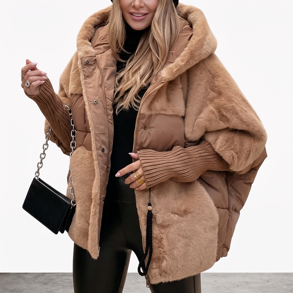 Women's Brown Plush Faux Fur Hooded Coat for Autumn Layering
