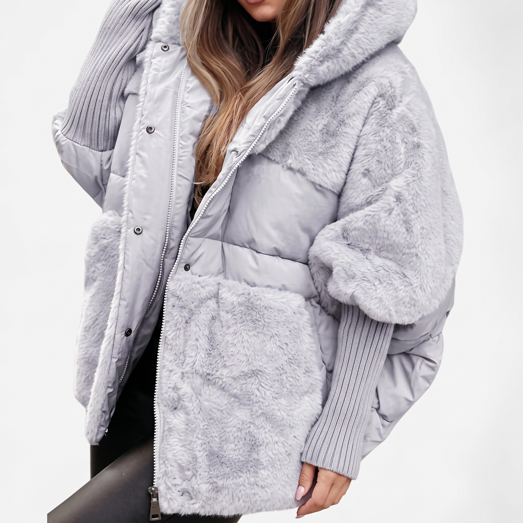 Women's Grey Plush Faux Fur Hooded Coat for Cosy Autumn Layering