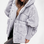 Women's Grey Plush Faux Fur Hooded Coat for Cosy Autumn Layering