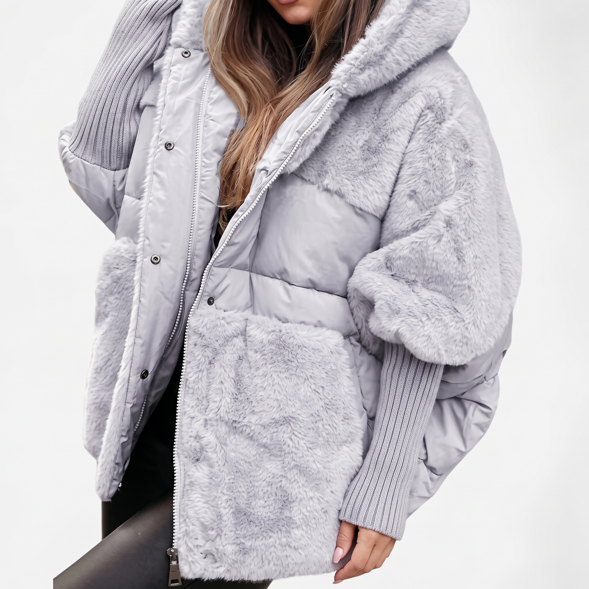 Women's Grey Plush Faux Fur Hooded Coat for Cosy Autumn Layering