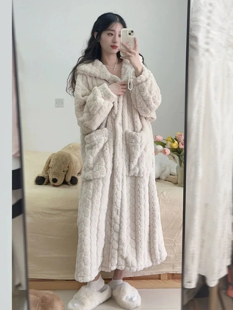 Women's long brushed dressing gown with a relaxed, full-length fit