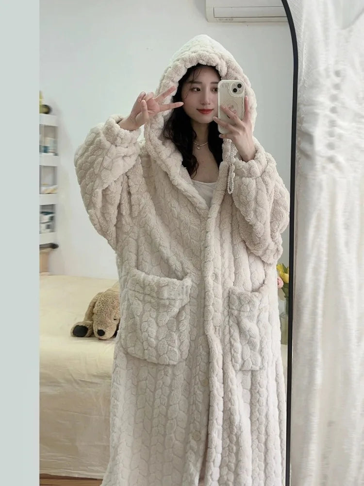 Women's long brushed dressing gown with a relaxed, full-length fit