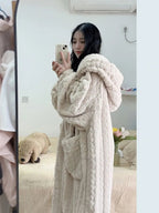 Women's long brushed dressing gown with a relaxed, full-length fit