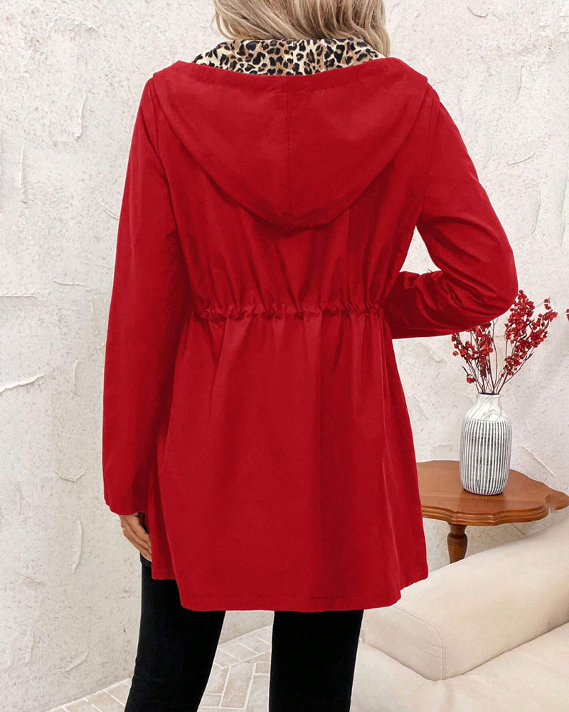 Women's Red Hooded Jacket with Leopard Print Lining