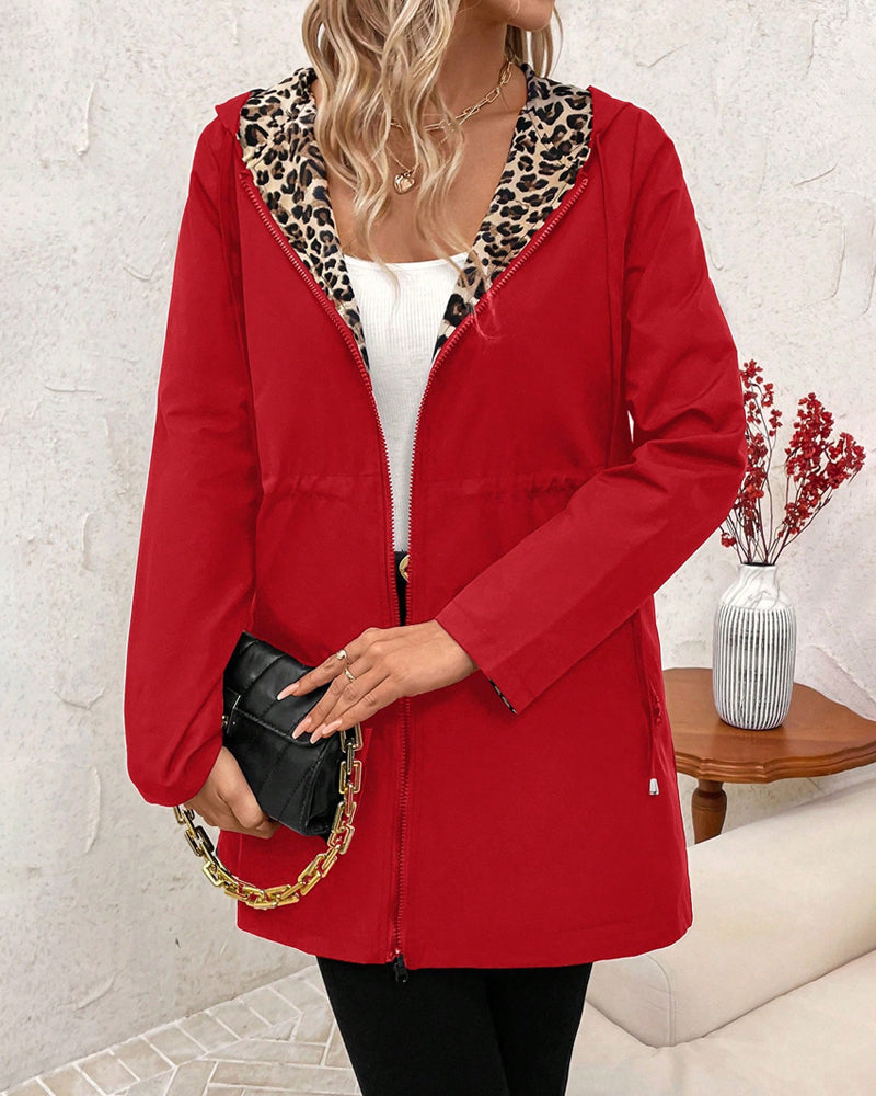 Women's Red Hooded Jacket with Leopard Print Lining