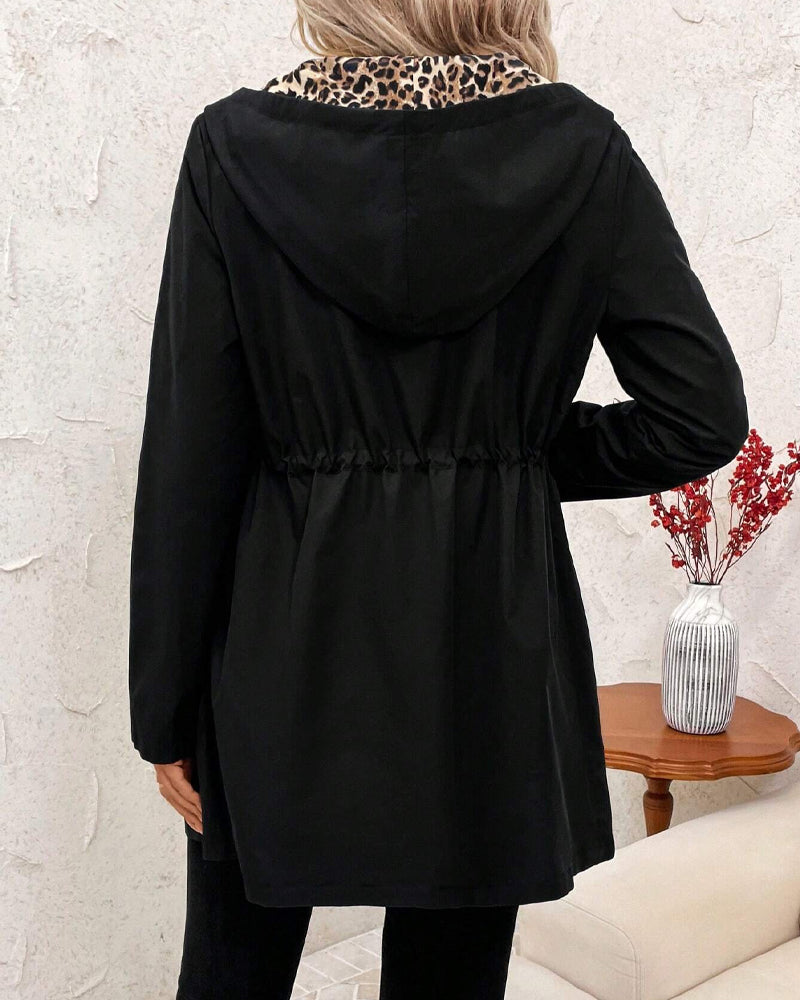 Women's Black Hooded Jacket with Leopard Print Lining