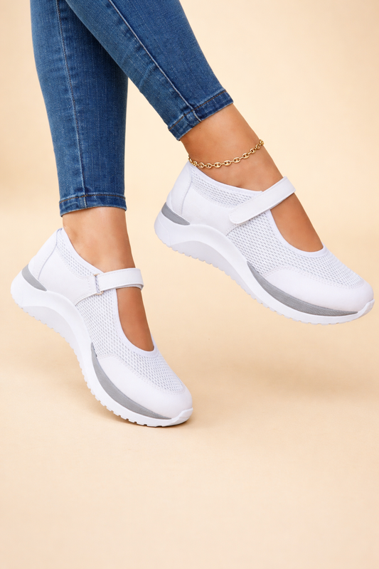 Women's white Mary Jane trainers with a cushioned strap detail