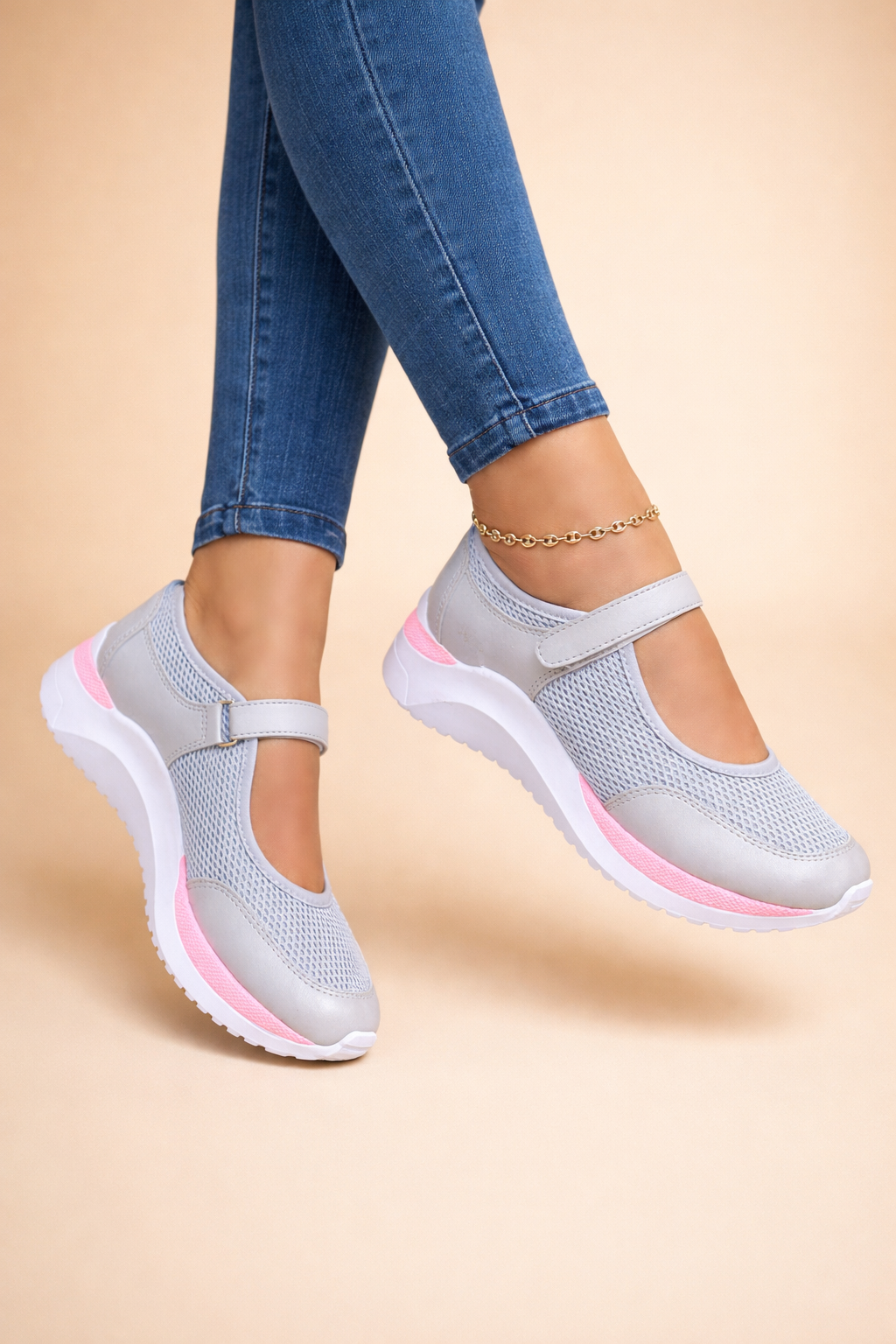 Women's white Mary Jane trainers with a cushioned strap detail