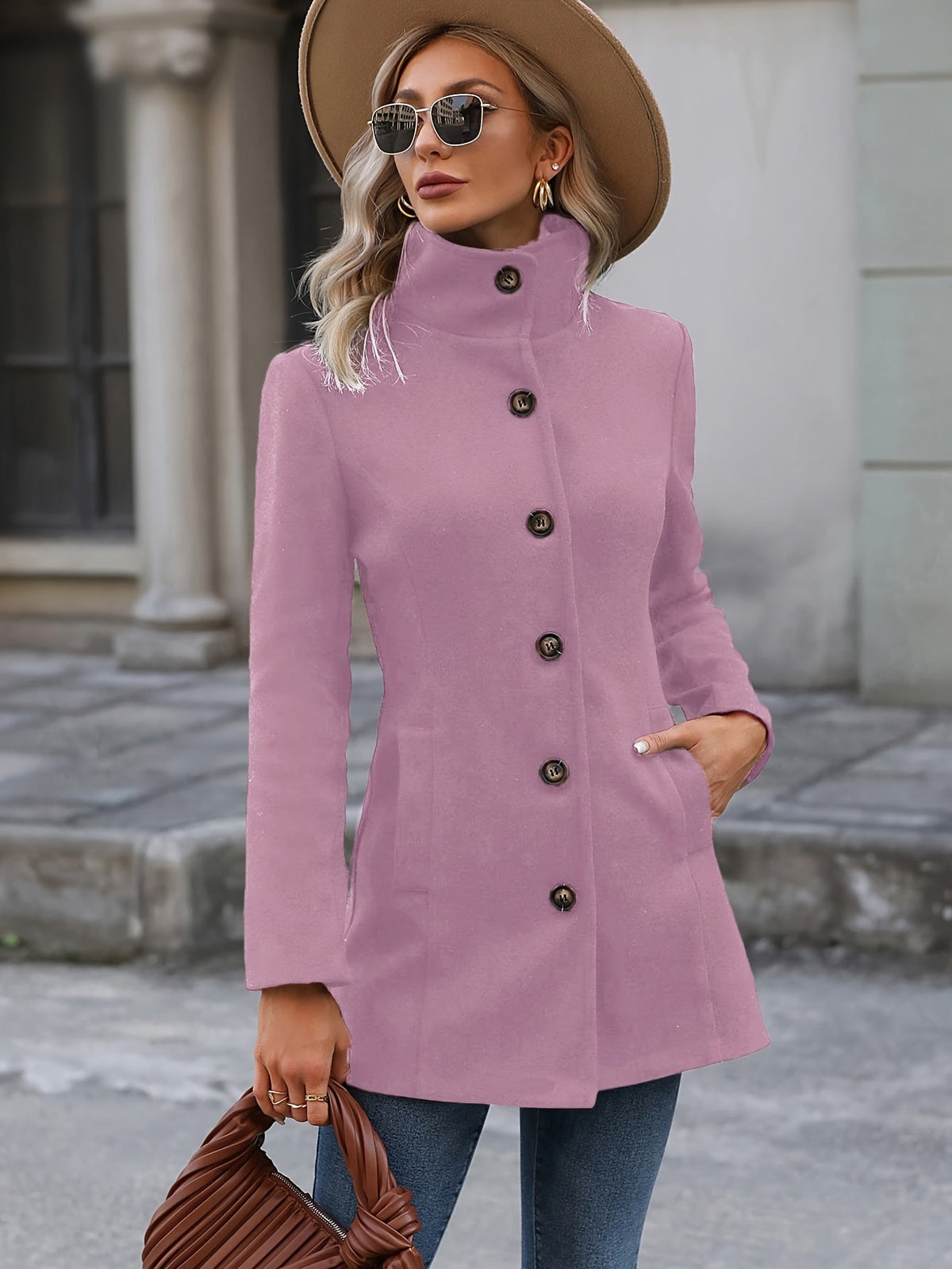 Waist-cinching mid-length coat with tailored belt, product still life