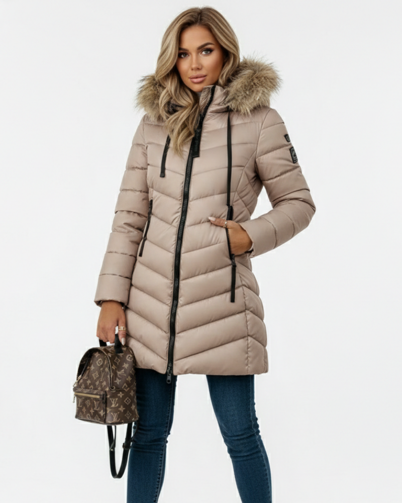 Beige quilted puffer jacket for women with a faux fur trimmed hood