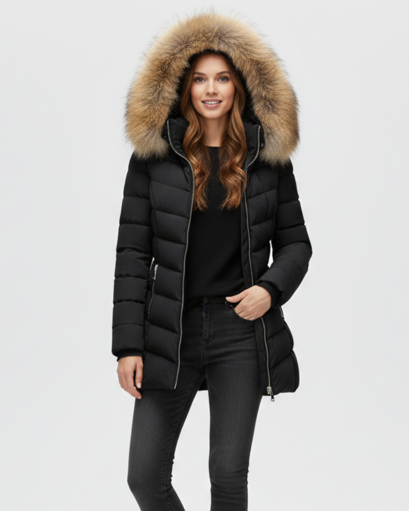 Beige quilted puffer jacket for women with a faux fur trimmed hood