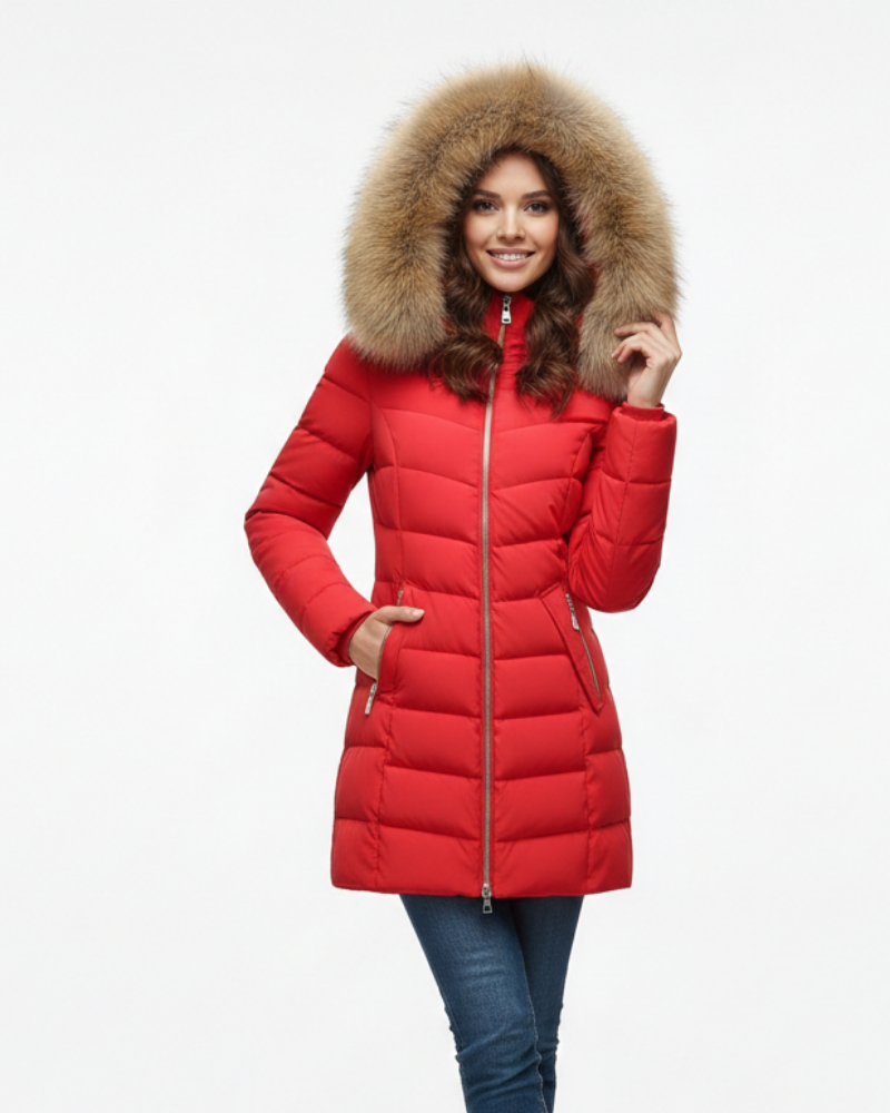 Beige quilted puffer jacket for women with a faux fur trimmed hood