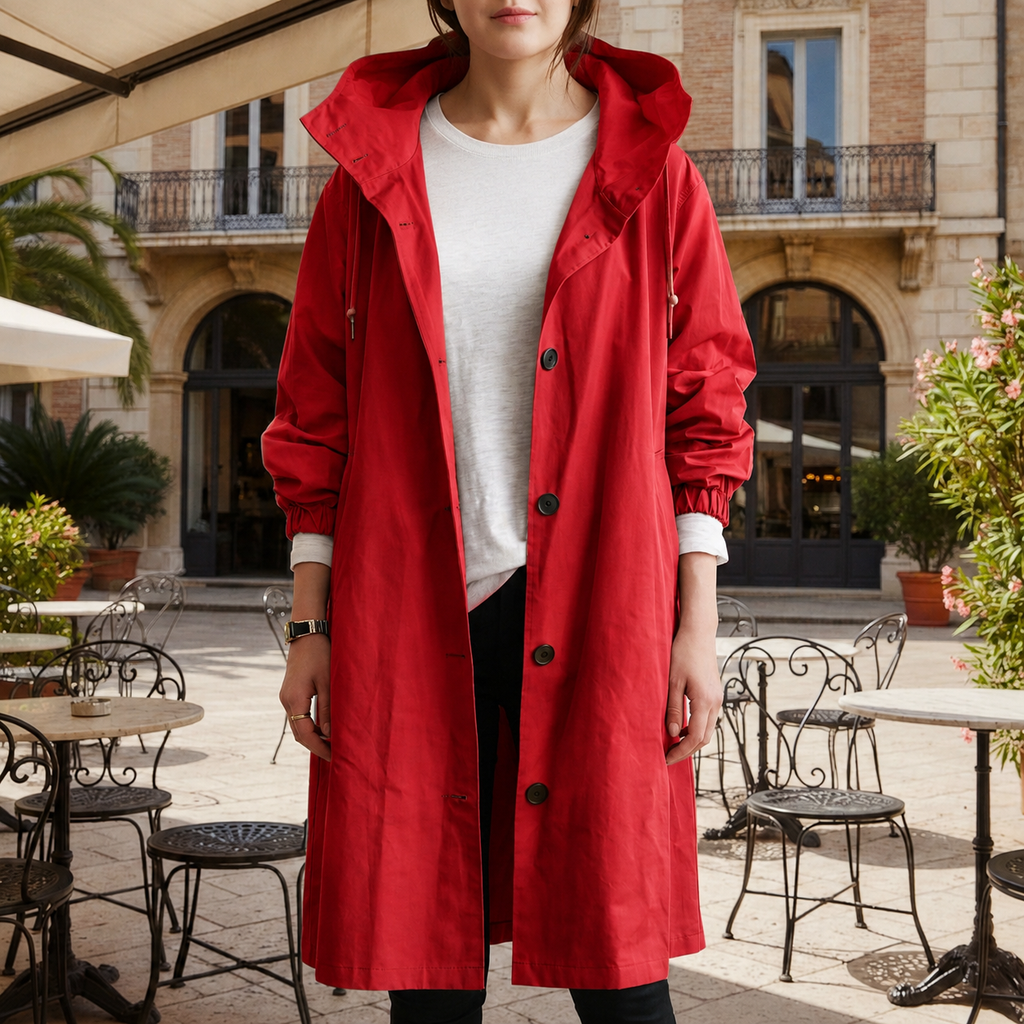 Women's silver mist hooded waterproof trench coat with a tailored fit