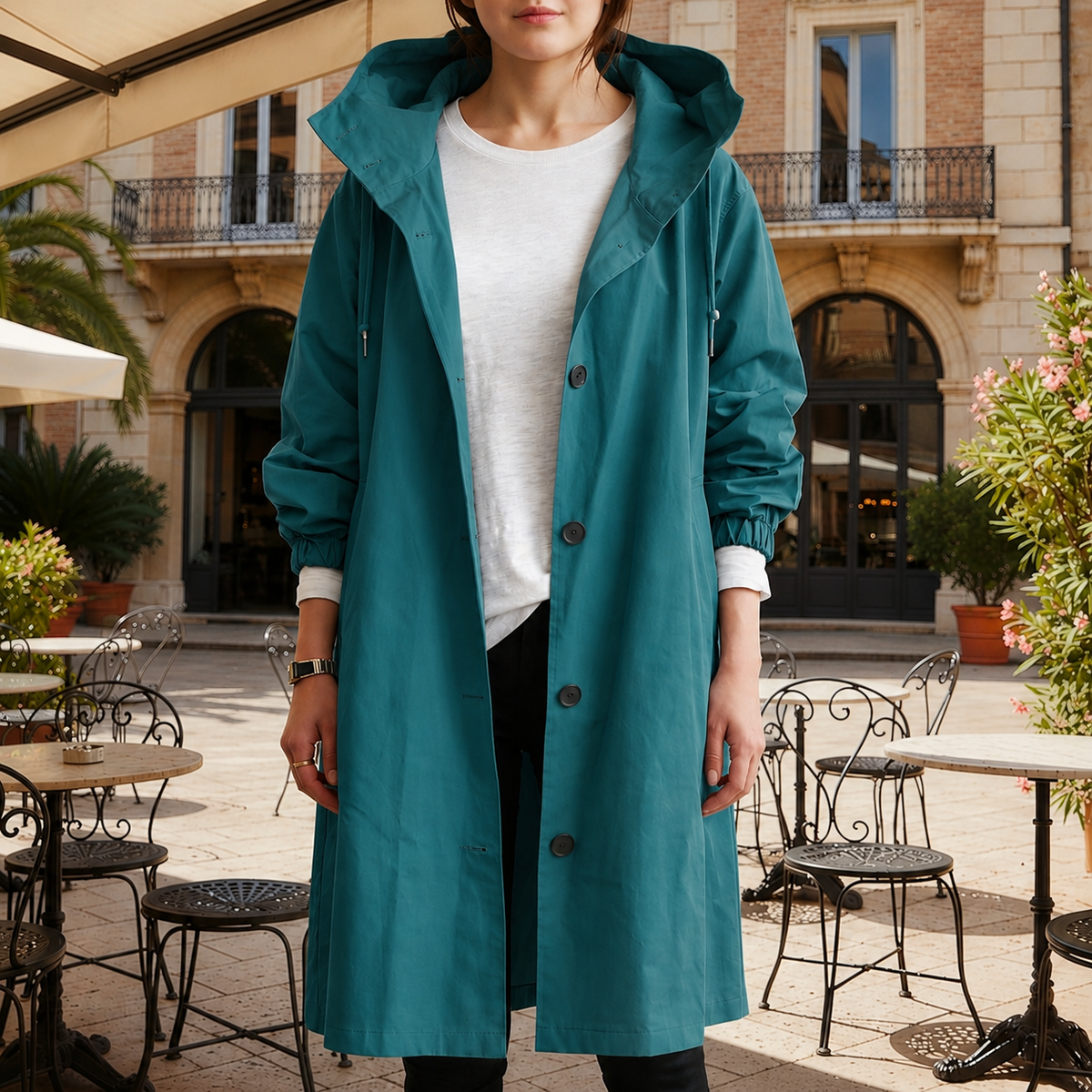 Women's silver mist hooded waterproof trench coat with a tailored fit