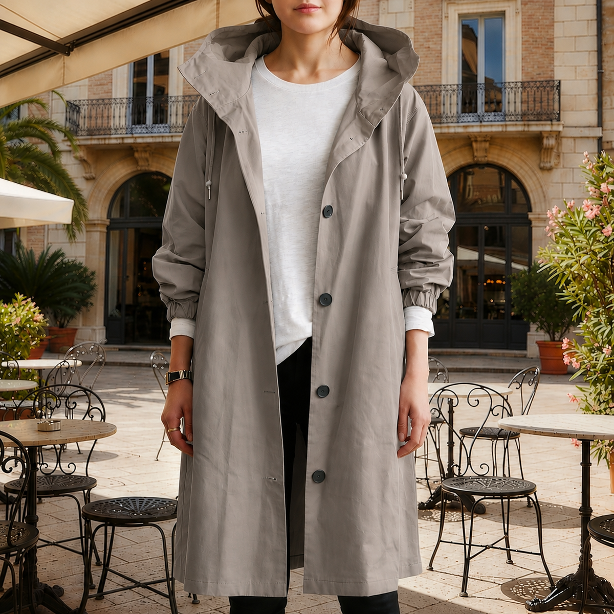 Women's silver mist hooded waterproof trench coat with a tailored fit