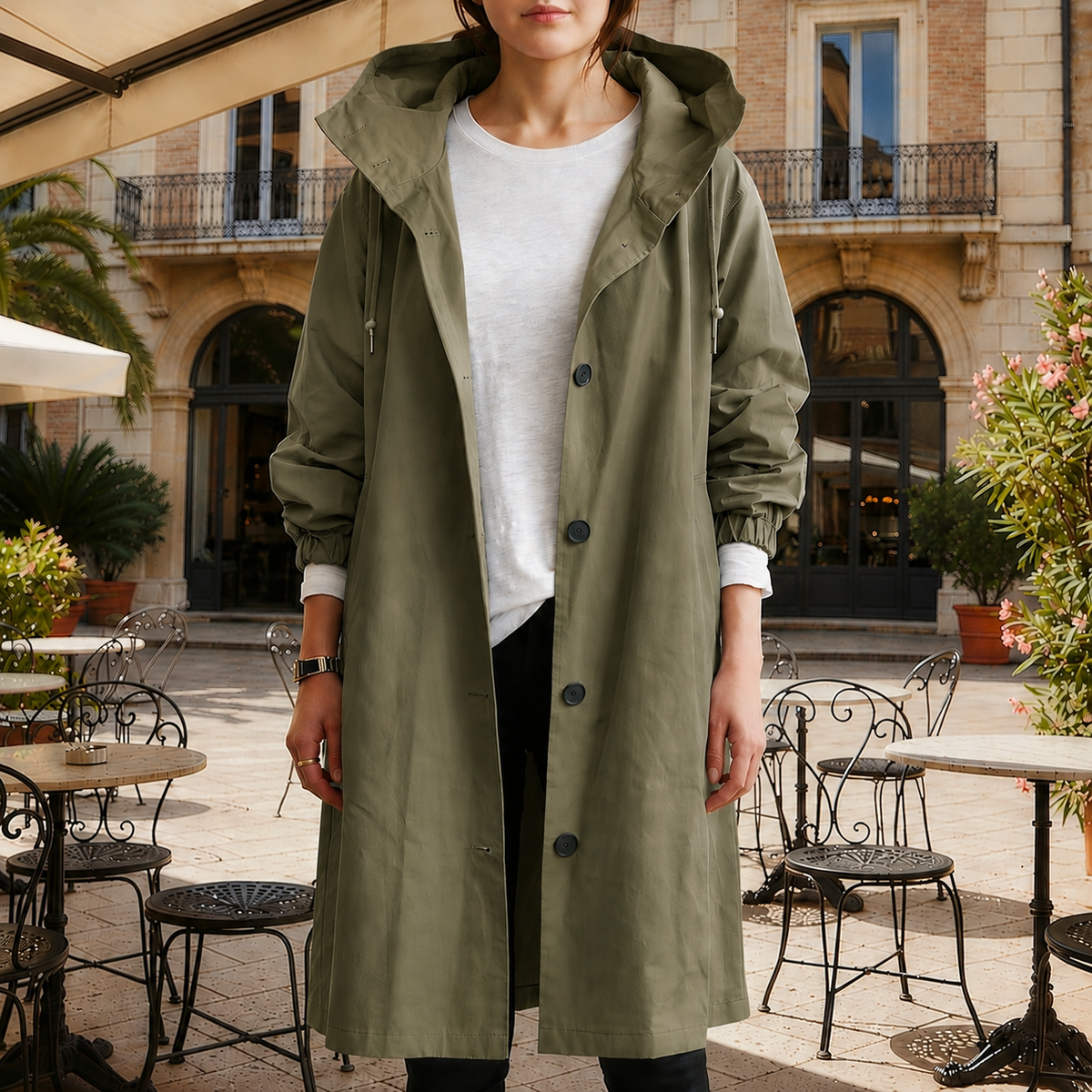 Women's silver mist hooded waterproof trench coat with a tailored fit