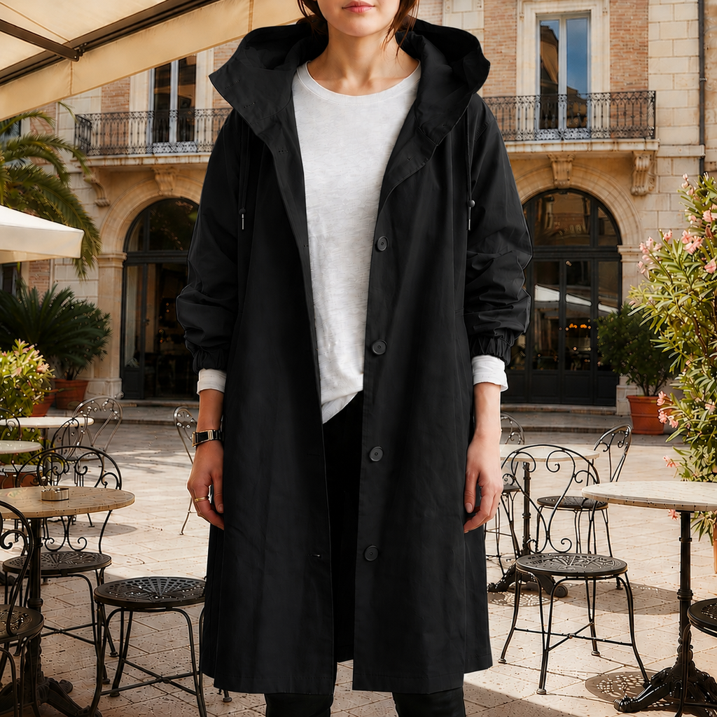 Women's crimson red hooded waterproof trench coat with a tailored fit