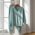 Women's green knitted co-ord loungewear set with matching top and bottoms