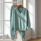 Women's green knitted co-ord loungewear set with matching top and bottoms