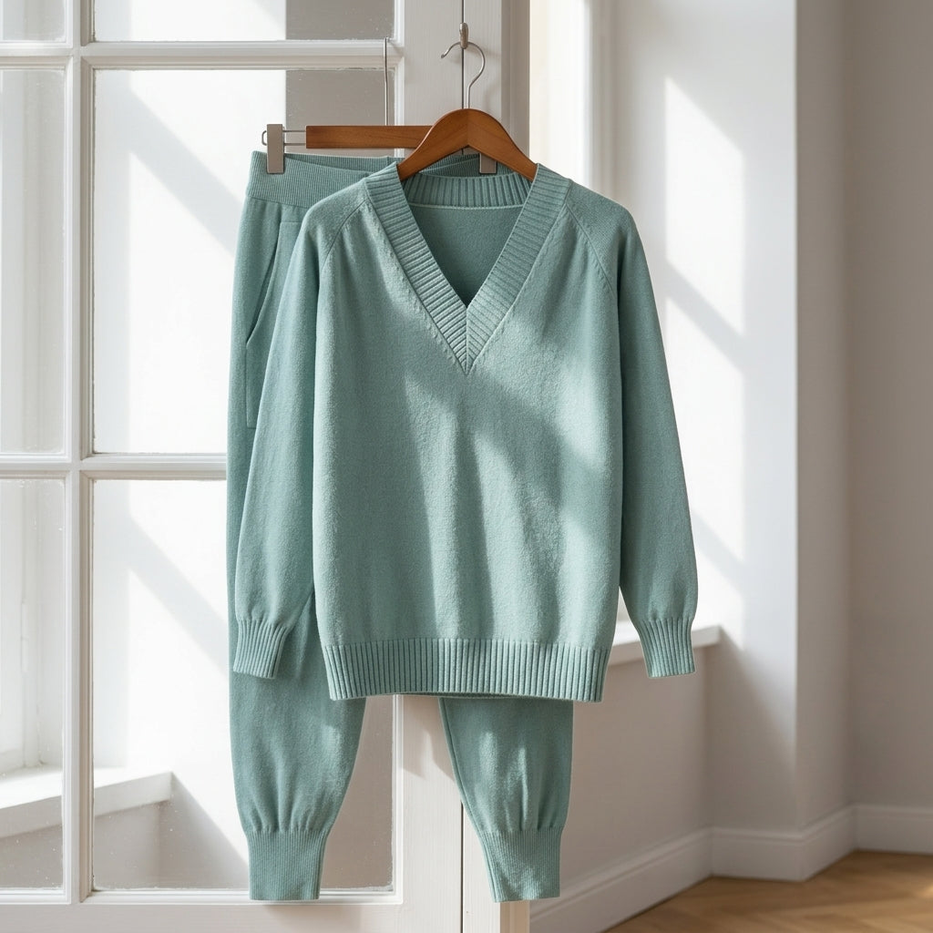 Women's green knitted co-ord loungewear set with matching top and bottoms