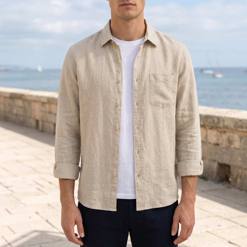 Men's beige linen shirt in a breathable, loose fit for warm weather