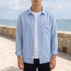 Men's beige linen shirt in a breathable, loose fit for warm weather
