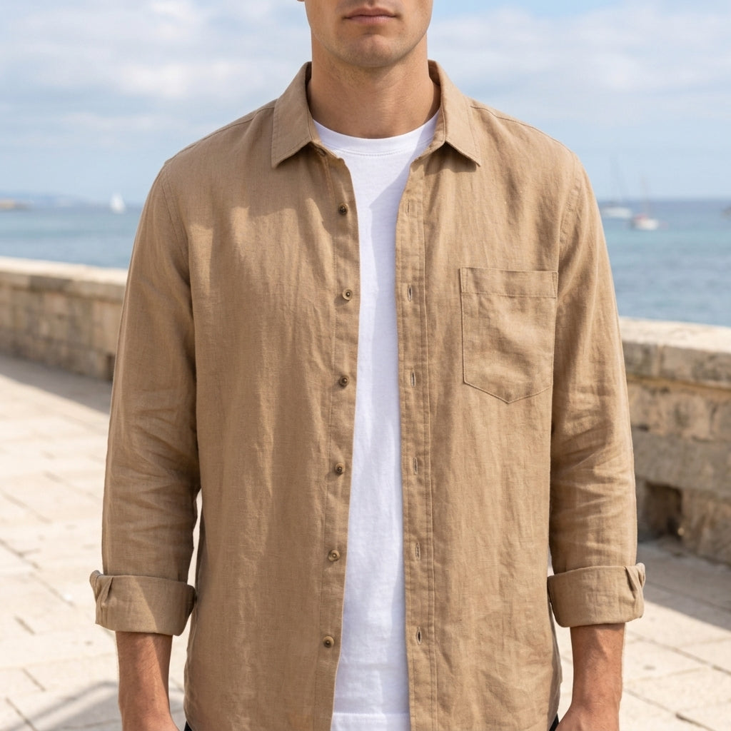 Men's beige linen shirt in a breathable, loose fit for warm weather