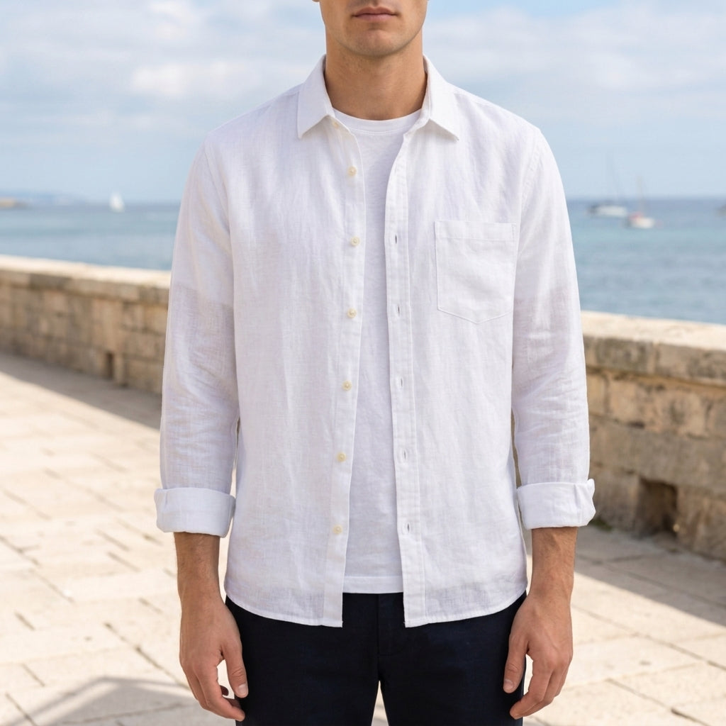 Men's beige linen shirt in a breathable, loose fit for warm weather