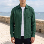Men's beige linen shirt in a breathable, loose fit for warm weather