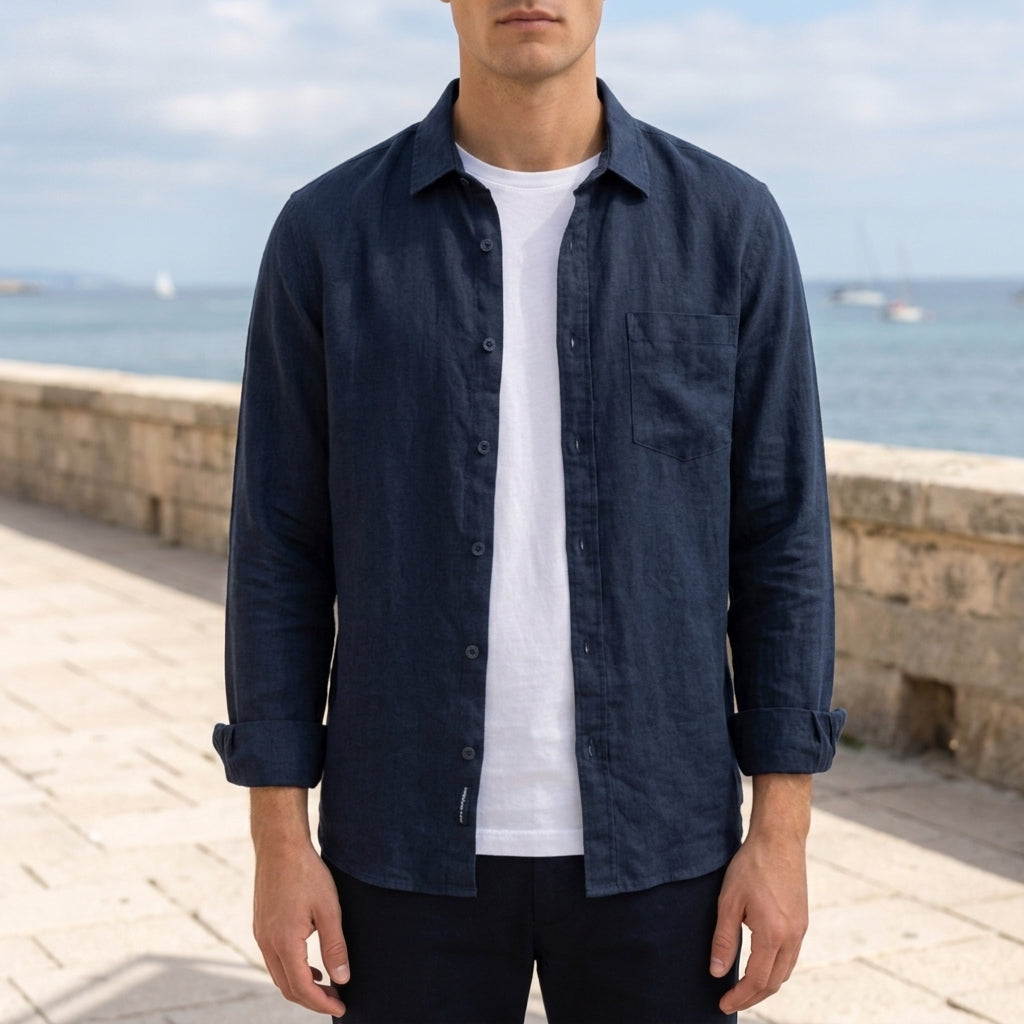 Men's beige linen shirt in a breathable, loose fit for warm weather
