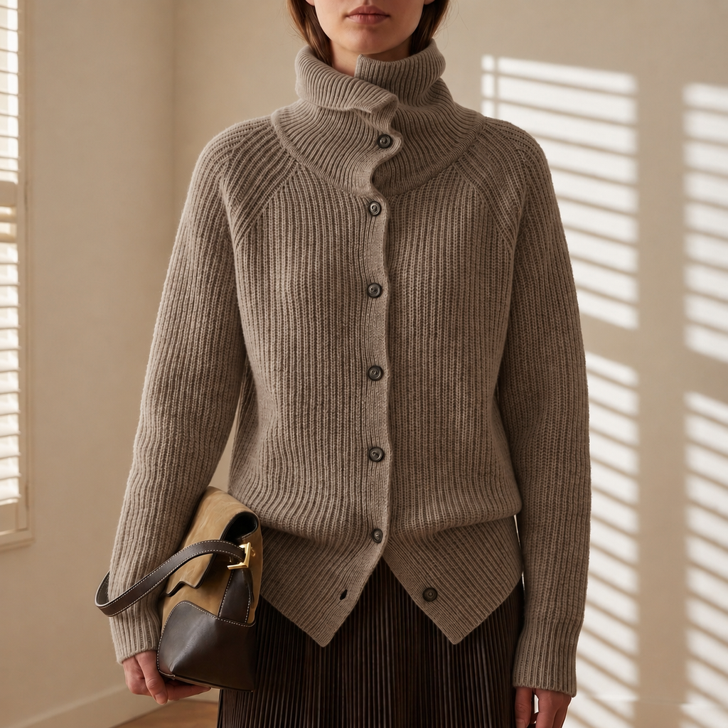 Women's taupe open front longline knit cardigan for autumn layering
