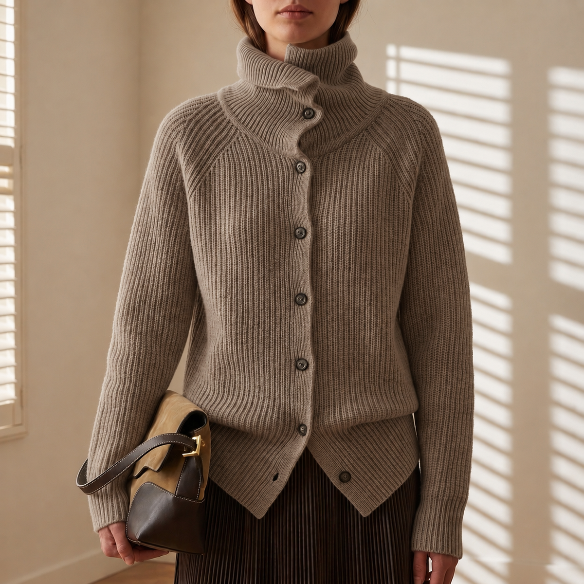 Women's taupe open front longline knit cardigan for autumn layering
