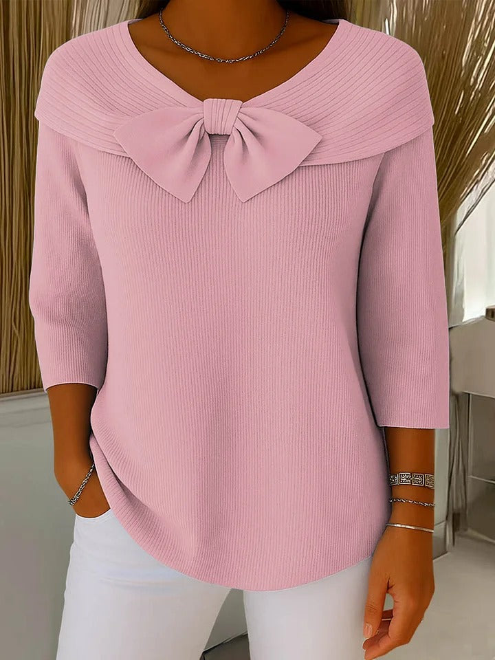 Women's Pink Sophisticated Bow Collar Knitted Autumn Jumper