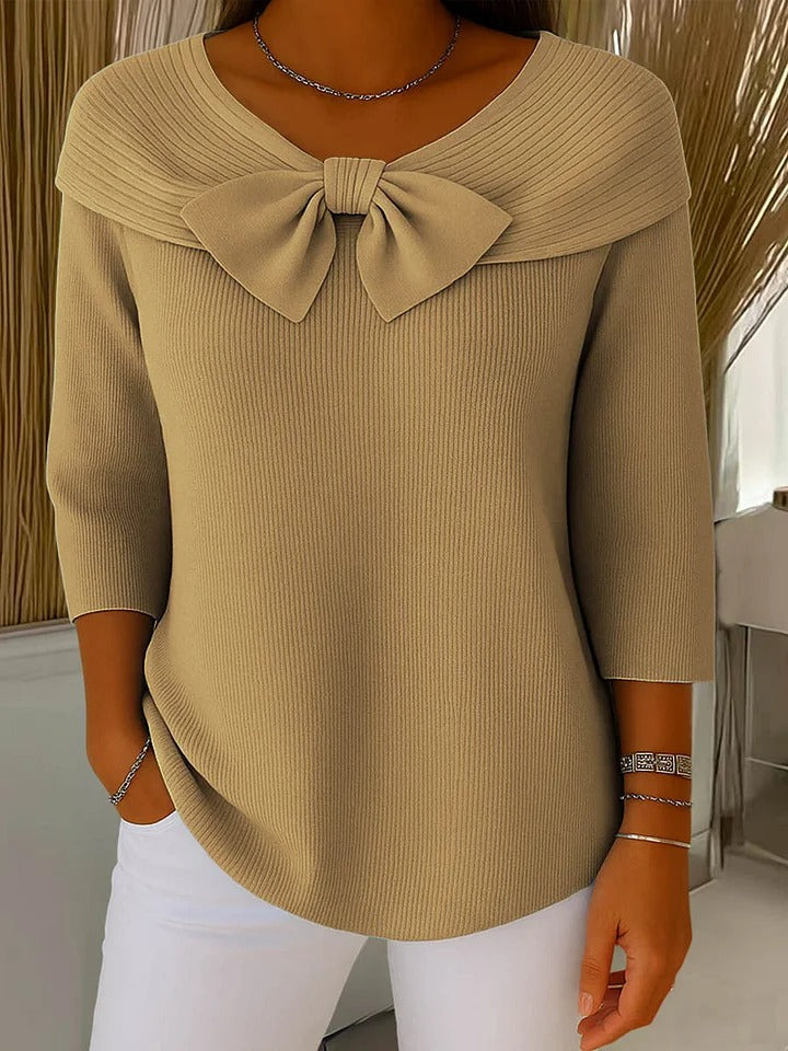 Women's Khaki Sophisticated Bow Collar Knitted Autumn Jumper