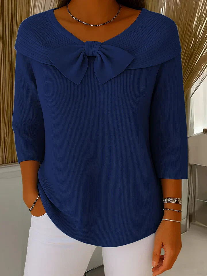 Women's Dark Blue Sophisticated Bow Collar Knitted Autumn Jumper