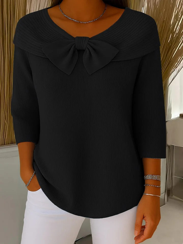 Women's Black Sophisticated Bow Collar Knitted Autumn Jumper