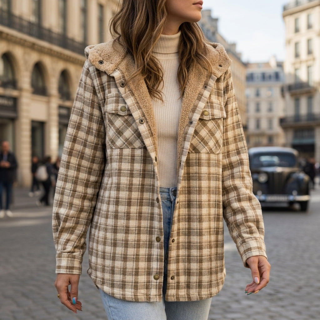 Women's sandstone plaid hooded shacket with a brushed cotton finish