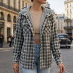 Women's sandstone plaid hooded shacket with a brushed cotton finish