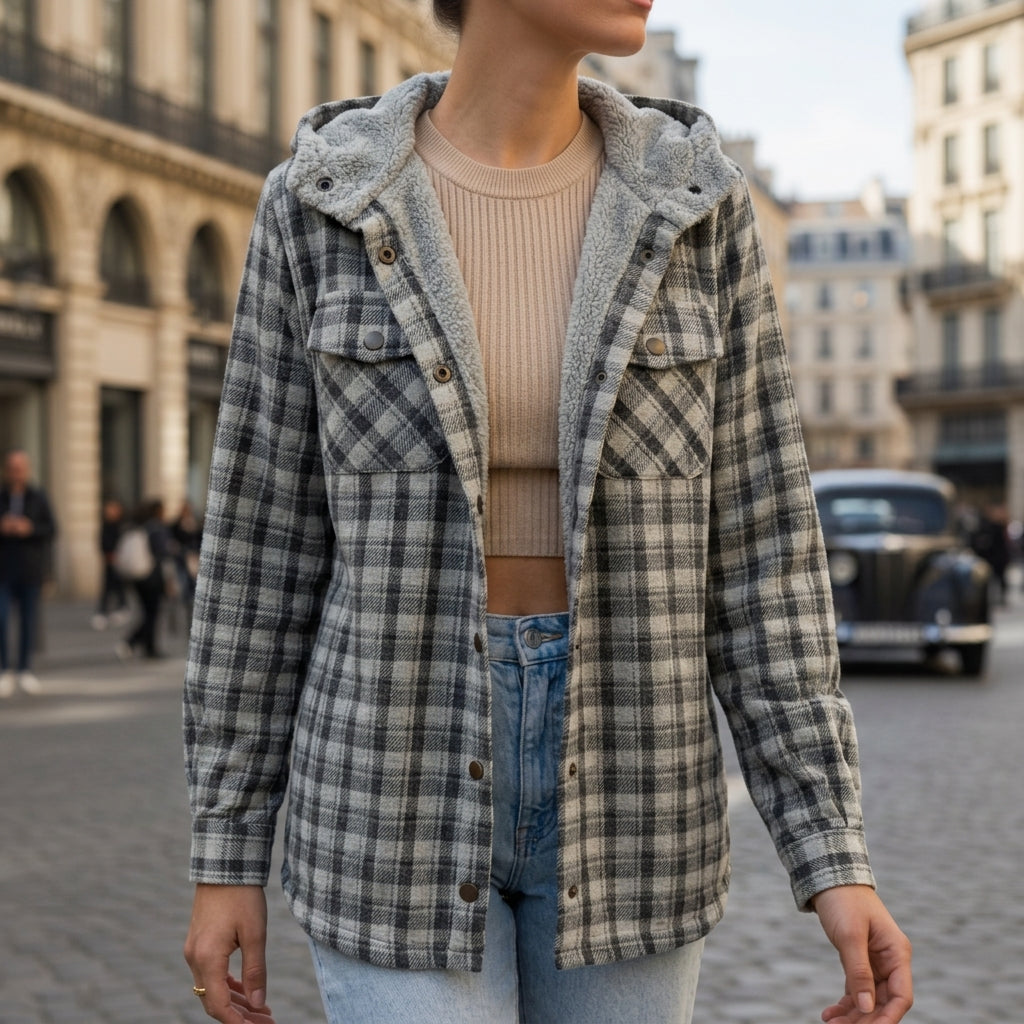 Women's sandstone plaid hooded shacket with a brushed cotton finish