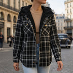 Women's sandstone plaid hooded shacket with a brushed cotton finish