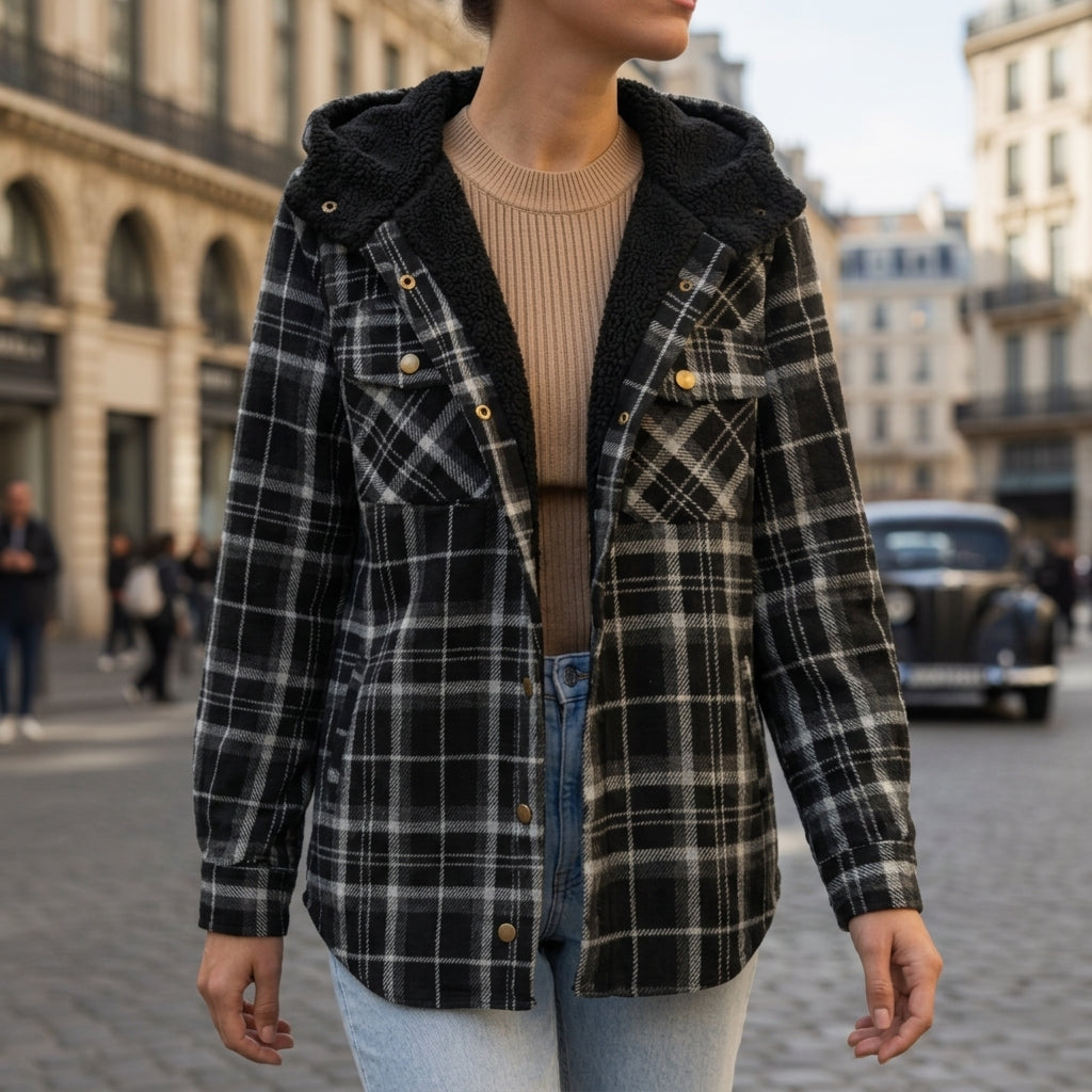 Women's sandstone plaid hooded shacket with a brushed cotton finish