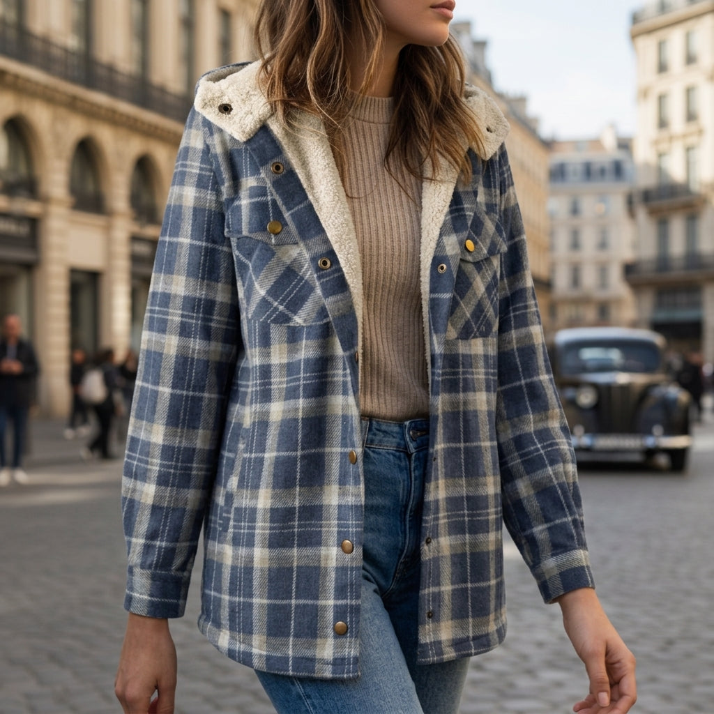 Women's sandstone plaid hooded shacket with a brushed cotton finish