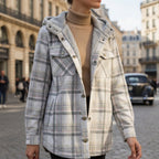 Women's sandstone plaid hooded shacket with a brushed cotton finish