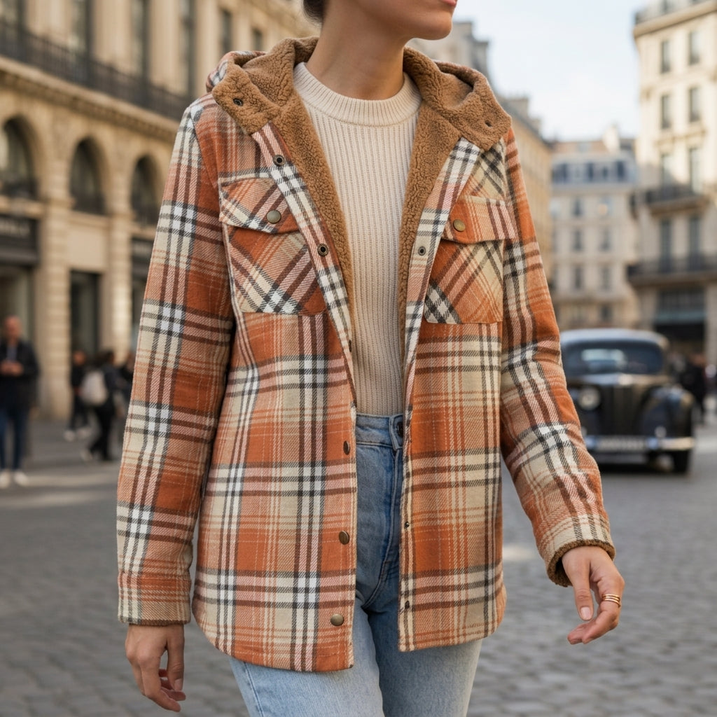 Women's sandstone plaid hooded shacket with a brushed cotton finish