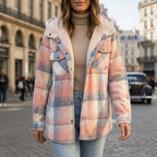 Women's sandstone plaid hooded shacket with a brushed cotton finish